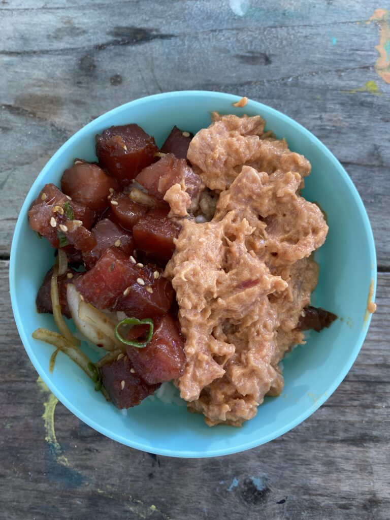 blue bowl with salmon and tuna poke