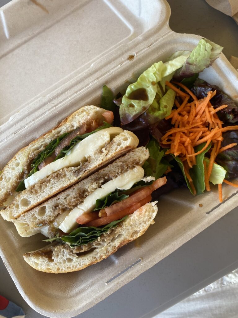 caprese sandwhich cut in half next to small side salad