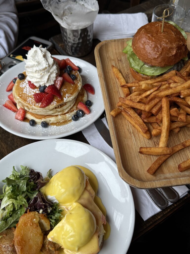pancakes, burger, fries, eggs benedict