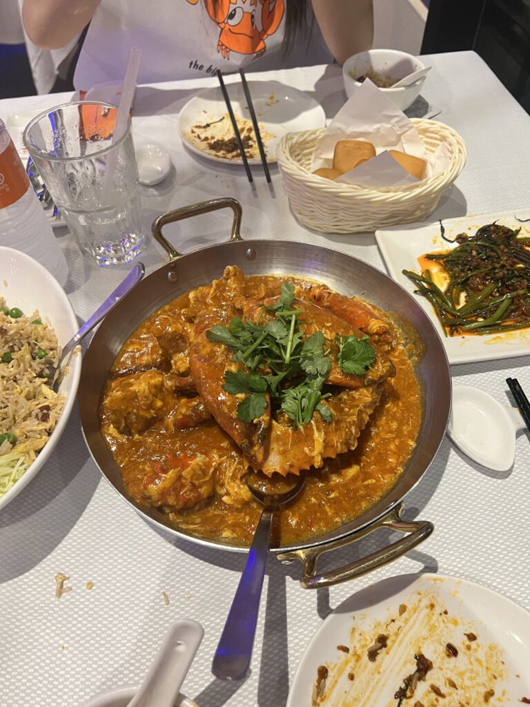 big pan of spicy chili crab