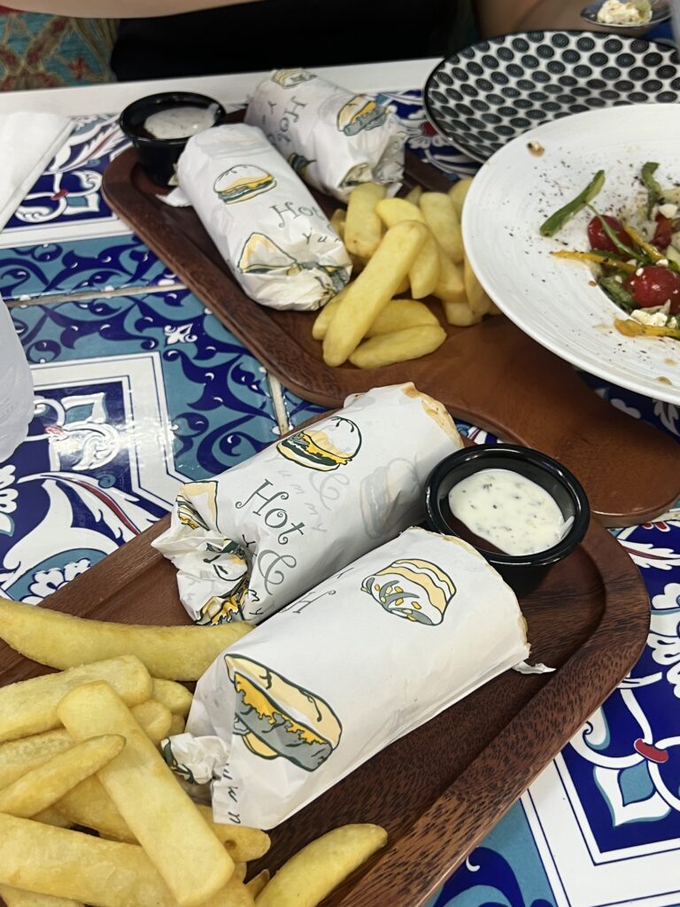 lamb gyros wrapped, fries, salad